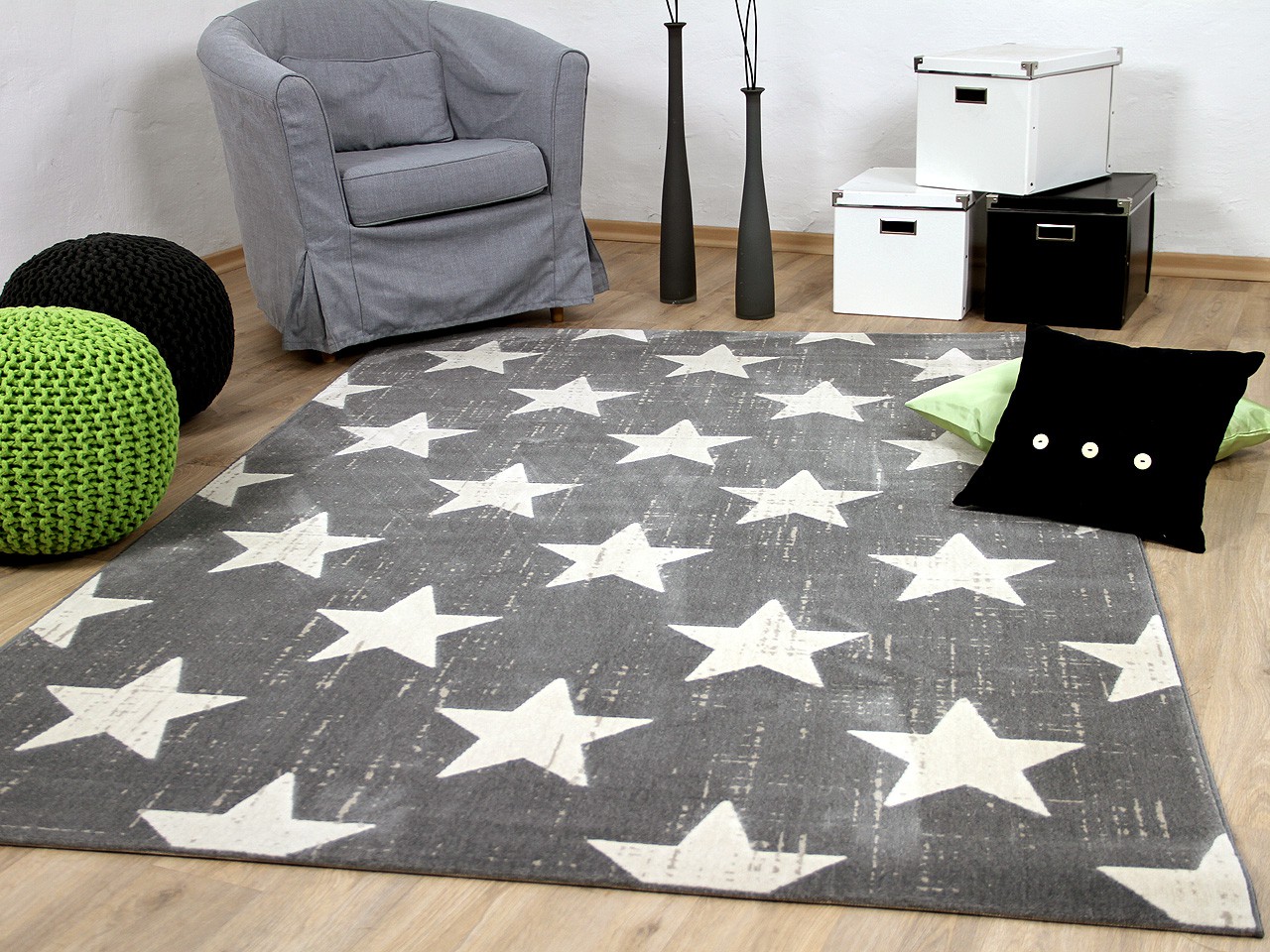 Soft-Touch Velours Designer Teppich Canvas Sterne Grau ...